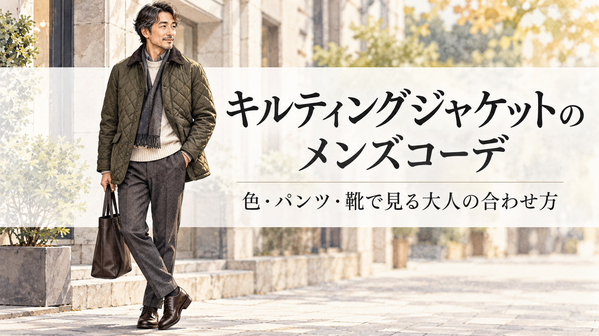 キルティングジャケットの色・パンツ・靴を組み合わせた大人メンズコーデのイメージ