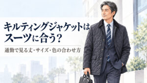 キルティングジャケットをスーツの上に着た大人男性の通勤スタイル